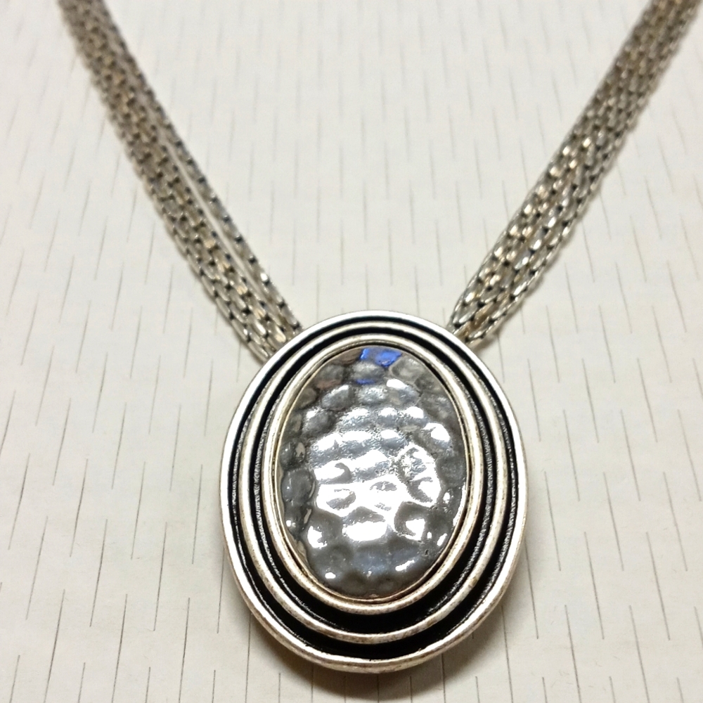 Silver Hammered Pendant Necklace with Four Strand Chain
